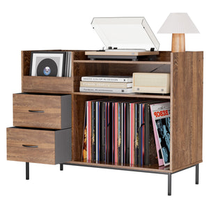 English Elm Record Player Stand with Flip-Down Lid, Built-In Power & USB, Dust-Protecting Turntable Console for 300+ Vinyls Brown W2735P332344