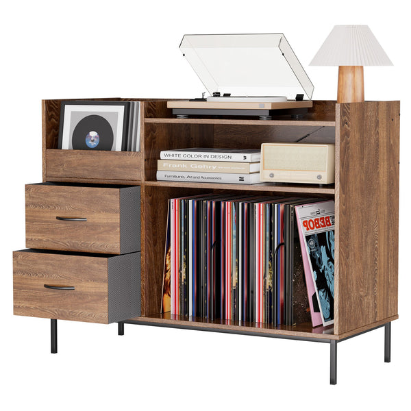 English Elm Record Player Stand with Flip-Down Lid, Built-In Power & USB, Dust-Protecting Turntable Console for 300+ Vinyls Brown W2735P332344