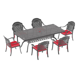 English Elm 7-Piece Cast Aluminum Patio Furniture Set With Red Cushions - Stylish, Durable & Comfortable Dining W1710S00171
