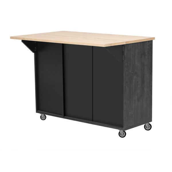 English Elm K&K Farmhouse Kitchen Island with Geometric Twill Doors, ASH Bark Top, Drop Leaf & Lockable Wheels Black N707P221444B