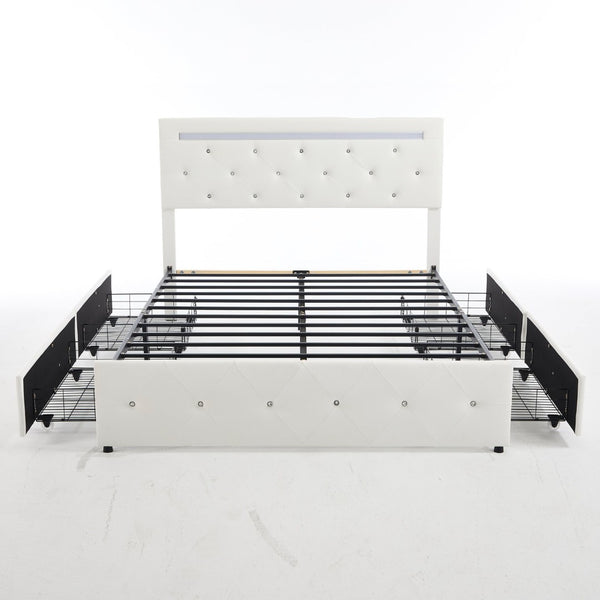 English Elm Queen Storage Bed with Led Lighting Crystal Tufted Pu Leather Headboard Charging Ports White W5722P462460