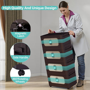 English Elm Retro 20" Folding Storage Cabinet - 5-Tier Collapsible Organizer With Magnetic Door & Wheels, Brown W2873P366244-GIGA