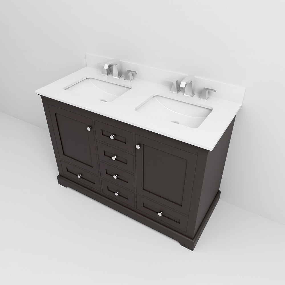 English Elm Espresso Double Bath Vanity 48" W x 22" D with White Quartz Top, Chrome Faucet, Soft-Close Storage B2731P258340