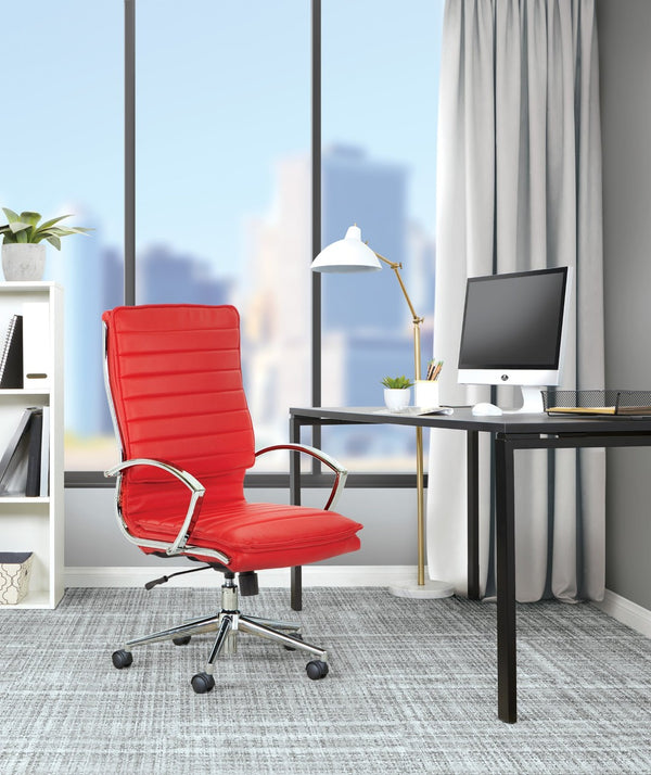 OSP Home Furnishings High Back Executive Office Chair with Faux Leather Upholstery Lumbar Support Chrome Arms Red SPX23590C-U9