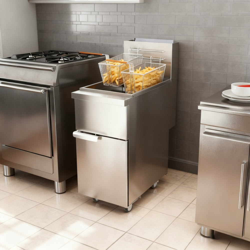 English Elm Commercial Natural Gas Floor Fryer 120000 Btu Stainless Steel with Casters W5057P394296