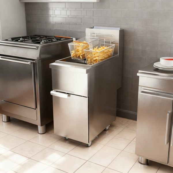 English Elm Commercial Natural Gas Floor Fryer 120000 Btu Stainless Steel with Casters W5057P394296
