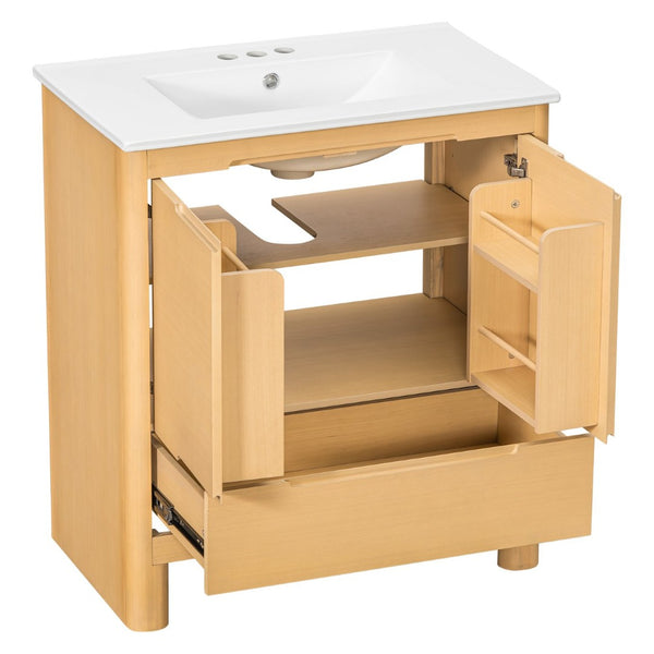 English Elm [video] 30 Inch Freestanding Bathroom Vanity Pine Legs Ceramic Sink Soft Close Storage Oak N759P412928O