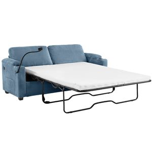 English Elm 72.8" Corduroy Sleeper Sofa Loveseat with Full Mattress, USB Charging, Cup Holders, Storage Pockets Navy Blue N719P208880C