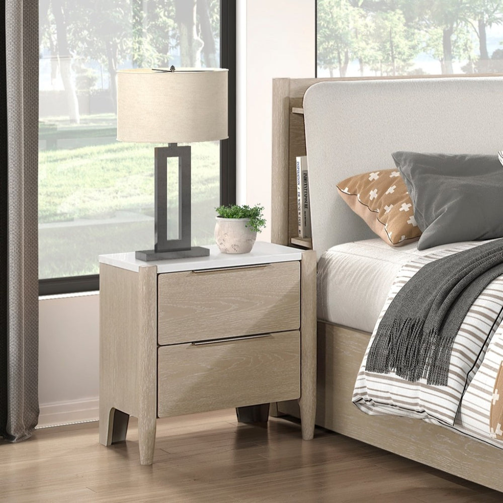 English Elm Modern Oak Veneer Nightstand with Marble Top Charging Ports and Two Smooth Drawers B011P470006