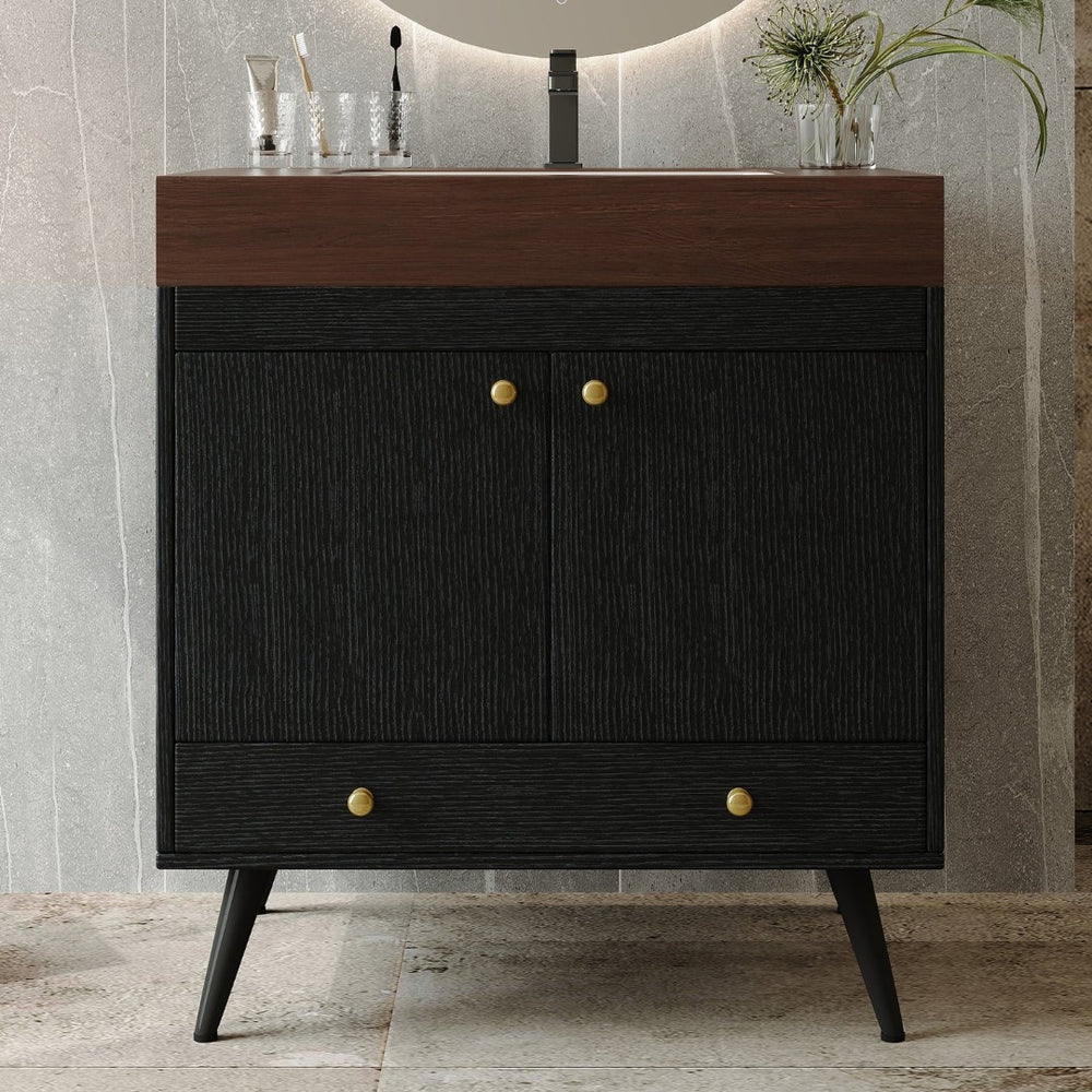 English Elm Contemporary Freestanding Bathroom Vanity Sintered Stone Top Ceramic Sink Storage Cabinet W3136S00060