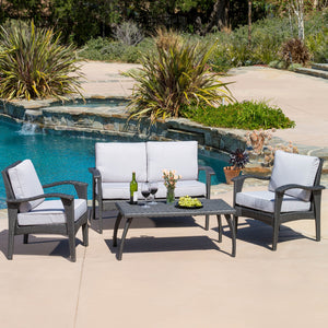 English Elm Christopher Knight Home® - HONOLULU Stylish 4PC PE Wicker Patio Set with Durable Iron Frame, Waterproof Cushions, Compact Lounge Grey 52917.00IRNGRY