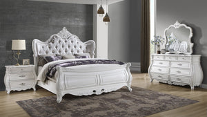 English Elm Opulence Pearl White Wood Mirror with Carved Frame, Vintage-Modern Bedroom Accent, 45"W x 44.5"H B009P240962