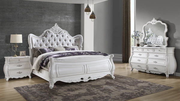 English Elm Opulence Pearl White Wood Mirror with Carved Frame, Vintage-Modern Bedroom Accent, 45"W x 44.5"H B009P240962