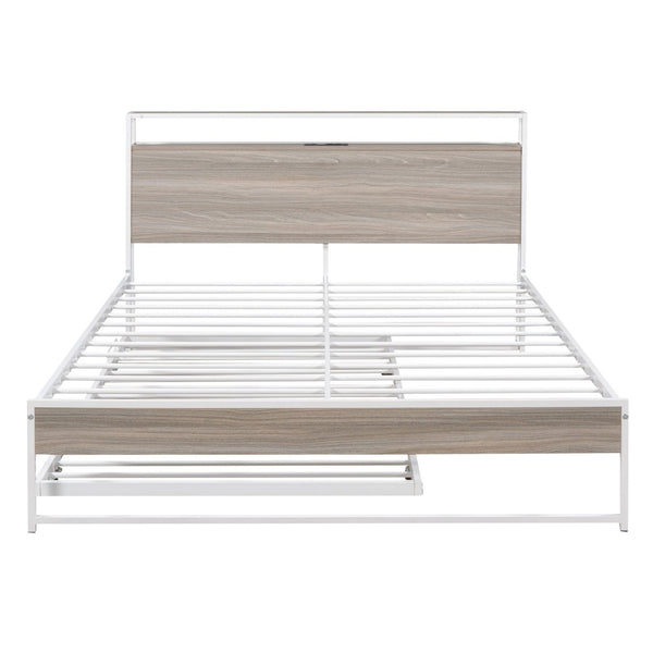 English Elm Queen Steel Platform Bed with Trundle Headboard Shelves and Built-in Usb Charging N708P477431K