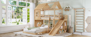 English Elm Twin Over Full Playhouse Bunk Bed with Slide Ladder Storage Shelves and Wardrobe W5305S00040
