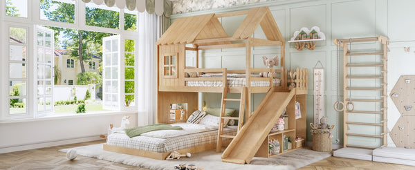 English Elm Twin Over Full Playhouse Bunk Bed with Slide Ladder Storage Shelves and Wardrobe W5305S00040