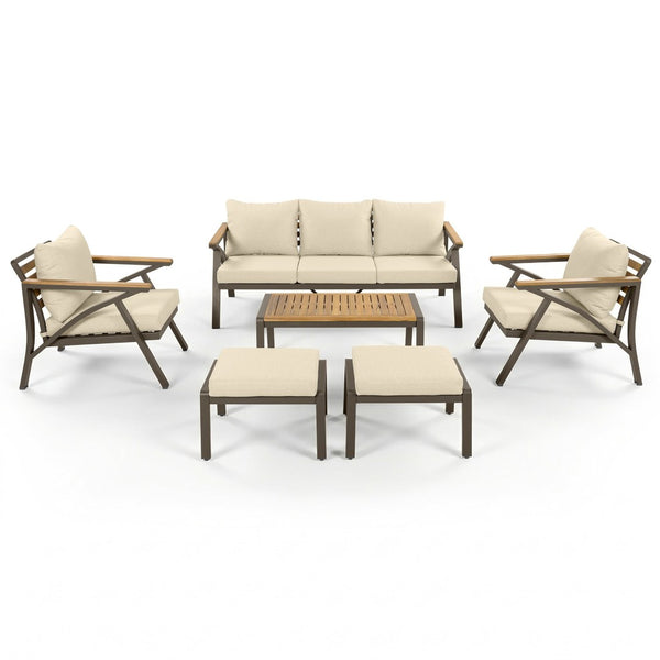 English Elm 6-piece Outdoor Conversation Set with Acacia Wood Accents and Steel Frame Patio Seating Brown,Cream Beige N704G201256A