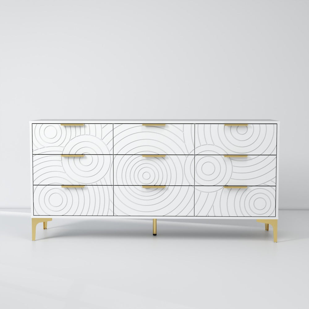 English Elm Modern Nine Drawer Wooden Dresser Wide Storage Chest for Bedroom or Entryway White B2770P494719