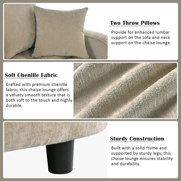 English Elm 55" Modern Chaise Lounge Sofa Bed Upholstered in Soft Chenille with Tufted Round Seat & Pillows, Durable Frame Champagne N719P256002G
