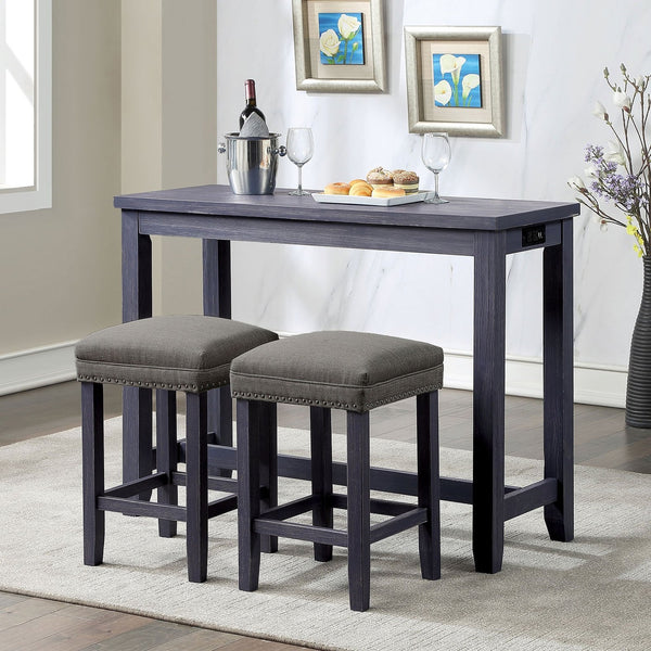 English Elm 3pc Dining Table Set with 48" Counter, 2 Padded Upholstered Stools, Nailhead Trim, USB Port B2741P384390
