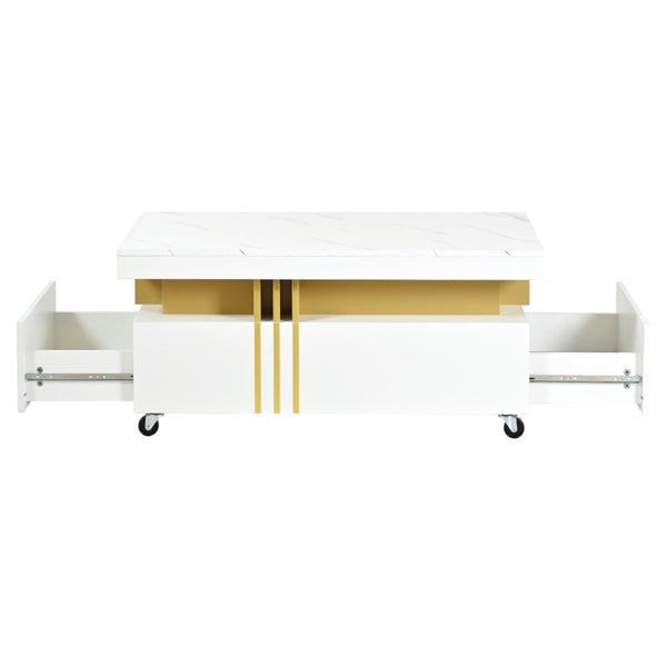 English Elm Faux Marble Rectangular Coffee Table with Gold Bars Drawers and Caster Wheels White WF305961AAK
