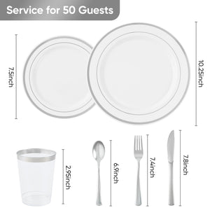 English Elm 700PCS Silver Plastic Dinnerware Set for 100 Guests — Durable Disposable Plates, Cups, Cutlery & Napkins for Events T3950P399708