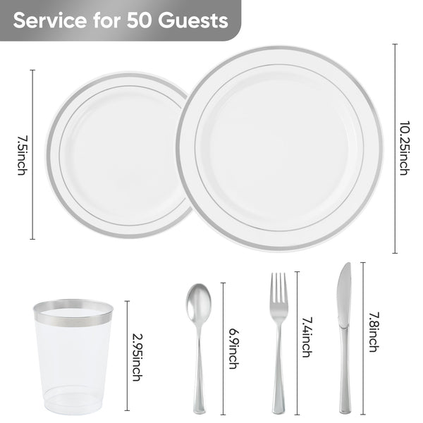 English Elm 700PCS Silver Plastic Dinnerware Set for 100 Guests — Durable Disposable Plates, Cups, Cutlery & Napkins for Events T3950P399708