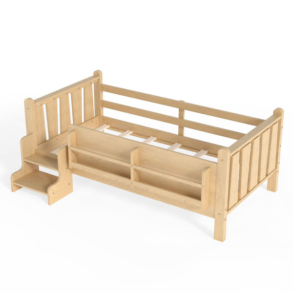 English Elm Twin Pine Floor Bed with Guardrails Built-in Bookcases and Stair Steps for Kids W1580P430184