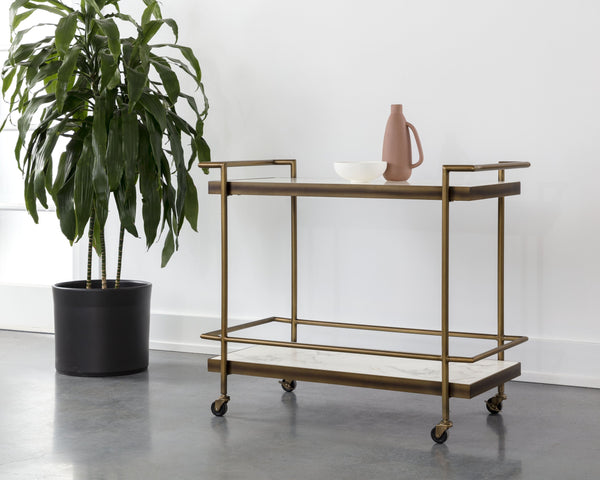 Sunpan Contardi Bar Cart - Elegant Rustic Bronze Frame with Marble-Look Concrete Shelves for Indoor/Outdoor Use