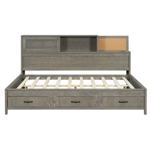 English Elm Full Size Gray Wood Daybed with Storage Drawers Shelf Usb Charging Upholstered Back LP002025AAE-1