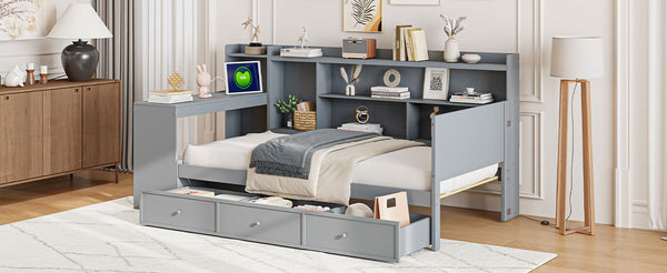 English Elm Twin Size Multifunctional Wooden Daybed With Usb Ports, Desk & 3 Storage Drawers In Gray Finish N820S00017E-GIGA