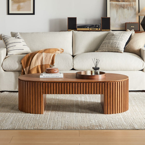 English Elm 51.18'' Oval Mdf Coffee Table with Hidden Drawer Mid-century Pedestal Base Brown W876P370284