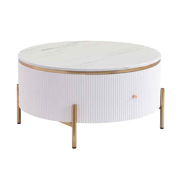 English Elm Modern Round Coffee Table with 2 Large Drawers, Marble-Pattern MDF Top & Gold Legs for Stylish Storage N735P211280K