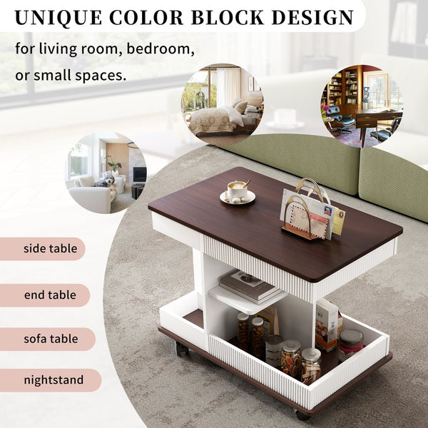 English Elm U-Can Modern Adjustable End Table with 360° Rotating Lift-Top, Lockable Wheels and Storage Space Brown+White N724P292505K