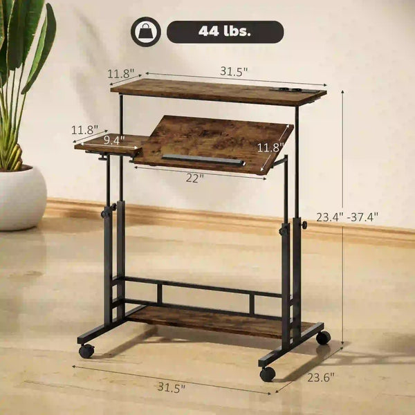 English Elm Adjustable Rolling Standing Desk with Tiltable Top Charging Ports and Locking Wheels T3971P397369