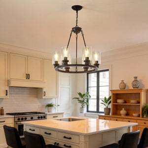 English Elm 23.62'' Farmhouse Wagon Wheel Chandelier Six Seeded Glass Shades Brown Metal Finish W5008P468517