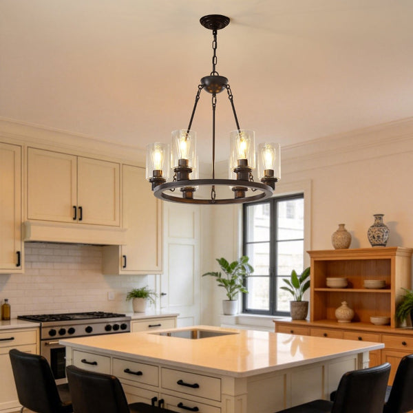 English Elm 23.62'' Farmhouse Wagon Wheel Chandelier Six Seeded Glass Shades Brown Metal Finish W5008P468517
