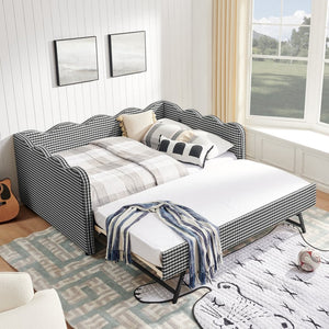 English Elm Full Size Gingham Linen Daybed with Wave Backrest Trundle and Usb Charging Port Black W1413S00141