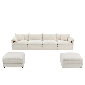 English Elm 136" Chenille Modular Sectional Sofa with Deep Wide Seats, Double Cushions & Removable Ottoman Cream N723S9687W