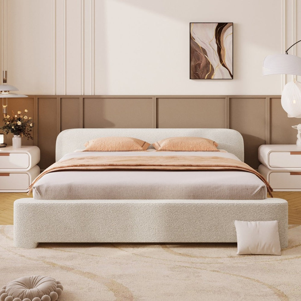 English Elm [cozy White Boucle Platform Bed Low Profile Birch Frame for Modern Bedroom N769P348244A