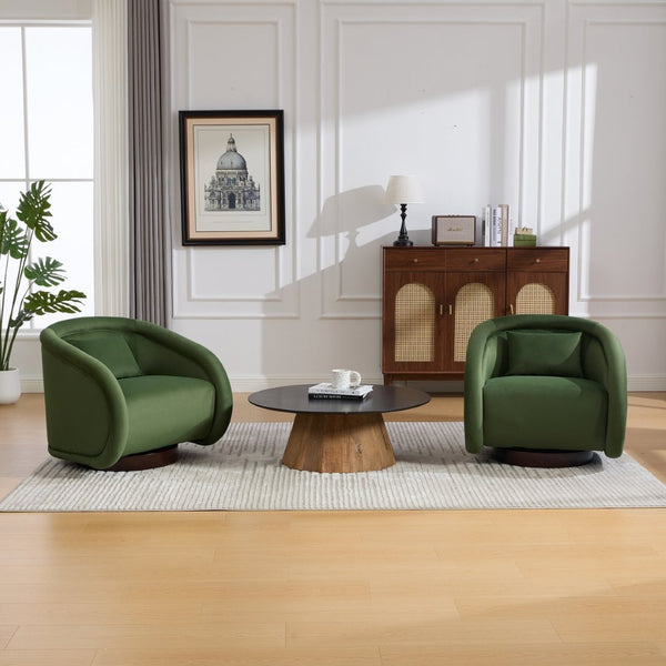 English Elm Swivel Barrel Chair Pumpkin Sculptural Velvet Upholstered with Walnut Wood Round Base Green W3244P427740