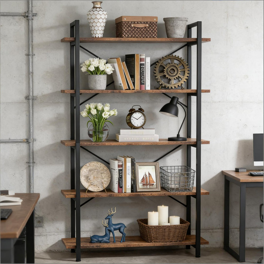 English Elm Open Five Tier Industrial Bookshelf with Steel Frame and Warm Brown Wood Finish T3971P458278
