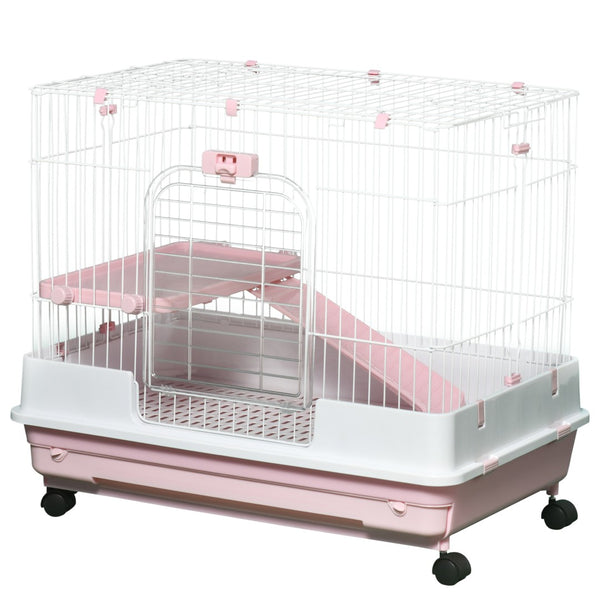English Elm Pawhut 2-Level Small Animal Cage With Wheels, Removable Tray & Ramp For Bunnies, Chinchillas, Ferrets W2225P217536-GIGA