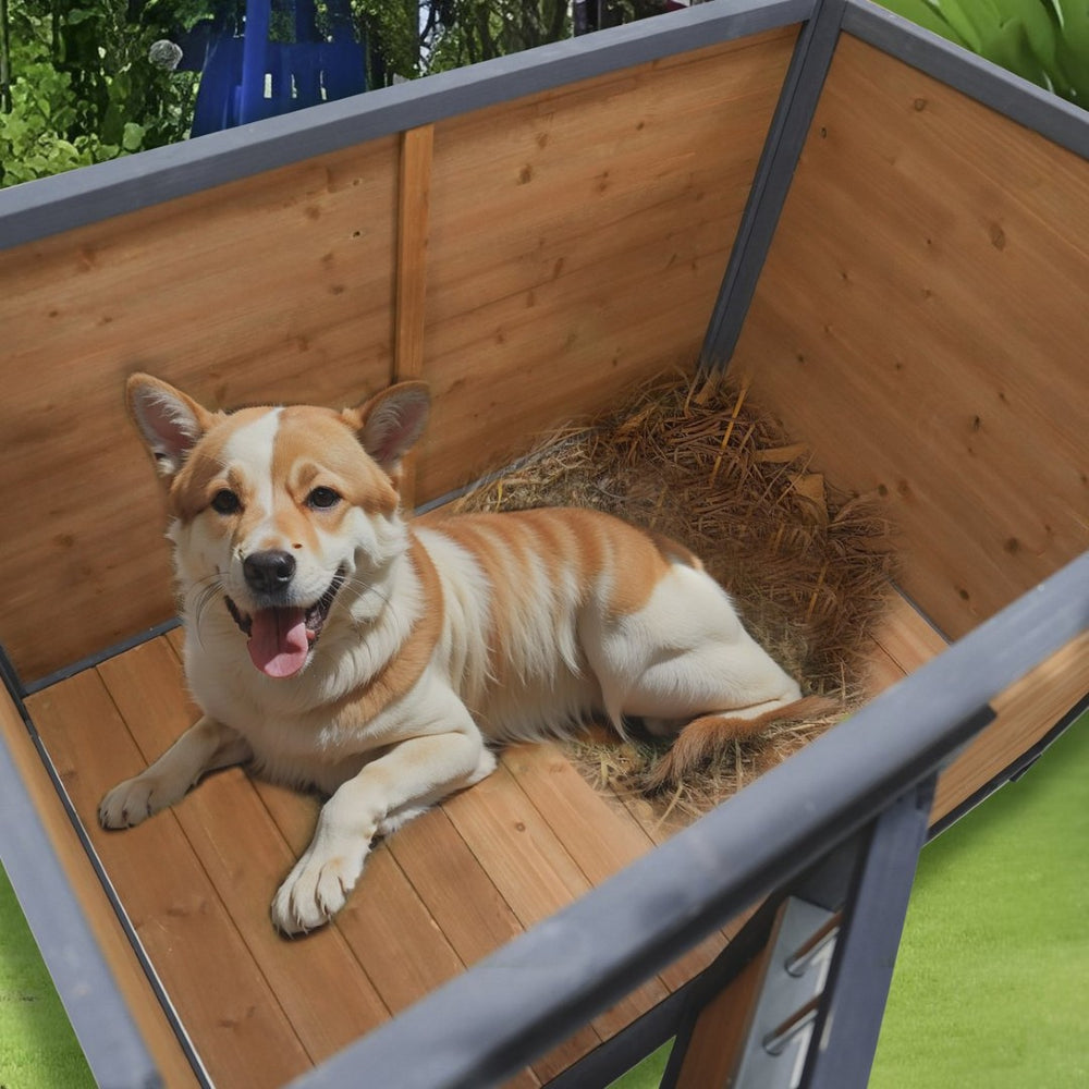 English Elm 45"large Solid Wood Outdoor Dog House with Pvc Roof Elevated Floor and Ventilation Windows W1431P166718