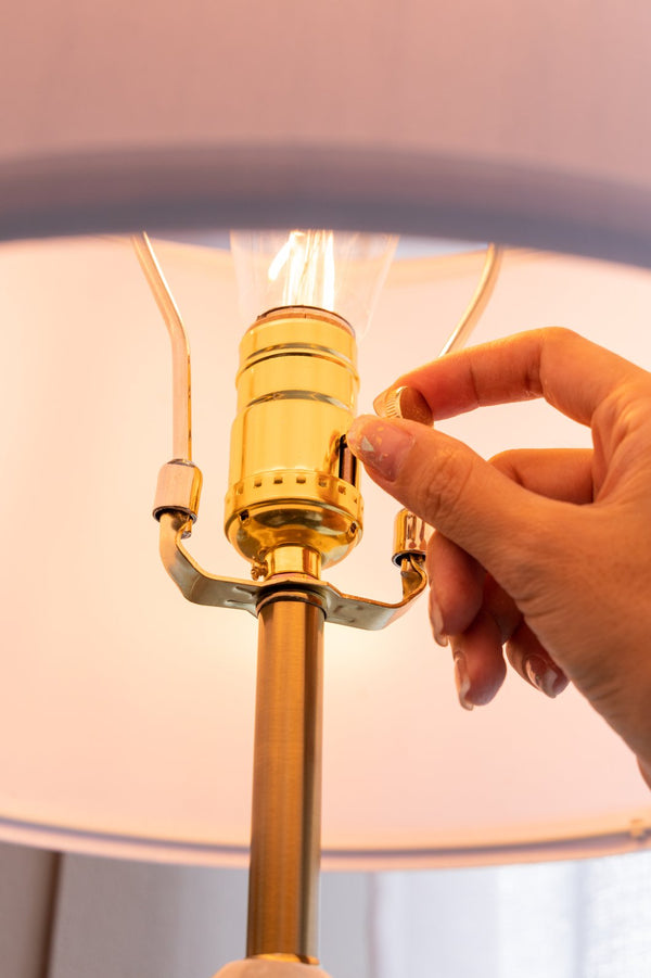 English Elm D14x26.3" White and Gold Three-Tier Round Table Lamp with Alabaster Accents and Drum Shade, 26.3" W2078P395820