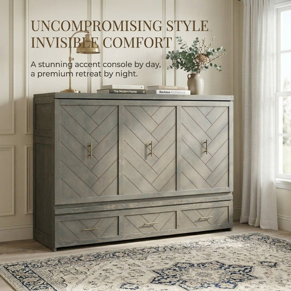 English Elm Queen Murphy Cabinet Bed Pine Wood Geometric Panel Antique Grey with Usb Charging W504S00302