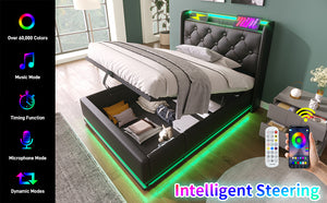 English Elm Twin Upholstered Bed with Hydraulic Storage, Surround LED, App/Remote Control & USB Type-C Charging Black N736P188805B