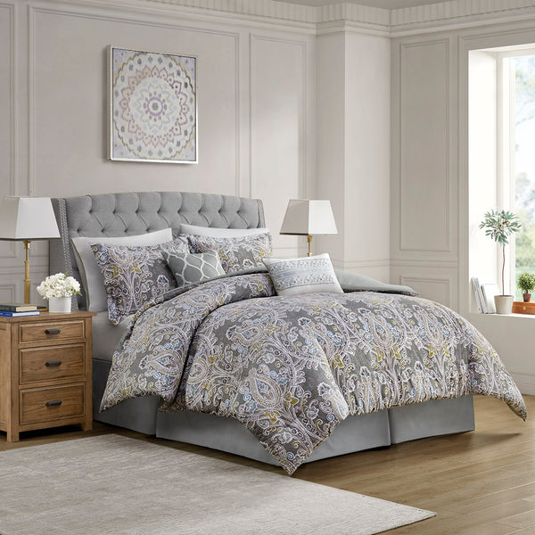 JLA Home Harbor House Blue - 6 Cotton Comforter Set Oversized Damask Sateen 6-Piece Grey with Blue-Yellow Accents, OEKO-TEX Certified HH10-1686