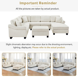 English Elm Sectional Plush chenille U-shaped sofa with pleated arms, pocket-spring seats & hidden ottoman storage White N719S000810K