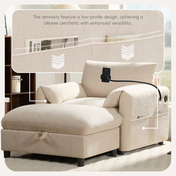English Elm 37" Oversized Chenille Armchair with Ottoman Usb Charging Pocket Spring Living Room Beige N723P387145A